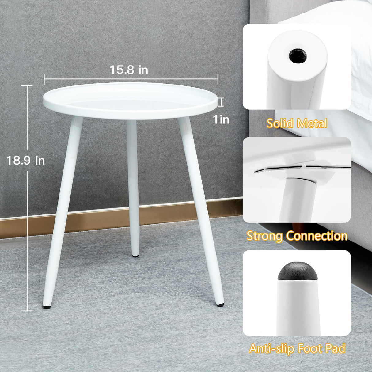 End/Side Tables - Small Round Accent Table, Metal White Narrow Night Stands