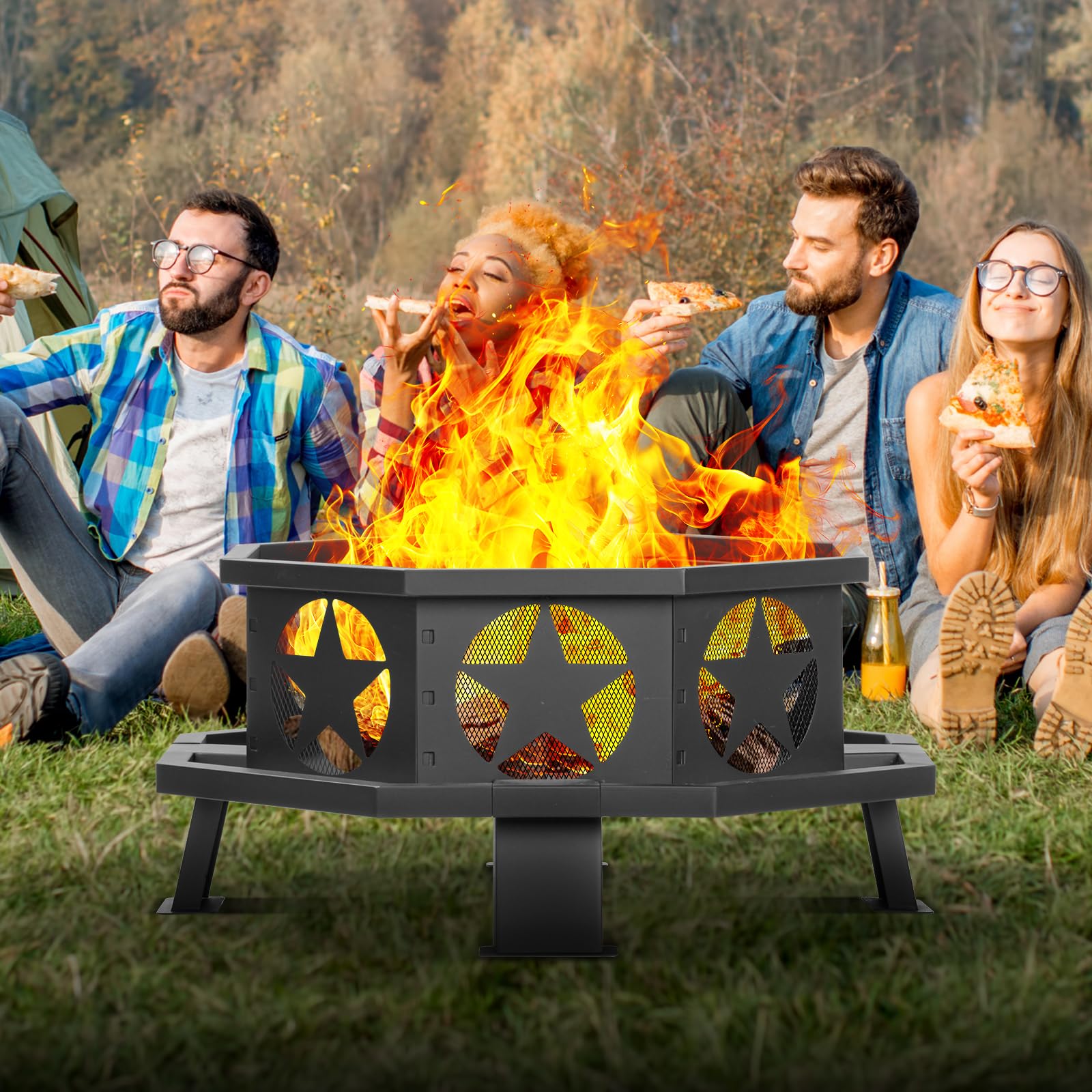 Panovue 32 inch Fire Pit for Outside, Heavy Duty Wood Burning Fire Pits with Fire Poker, Outdoor Octagonal Firepit for Camping, Yard, Patio - Bircata