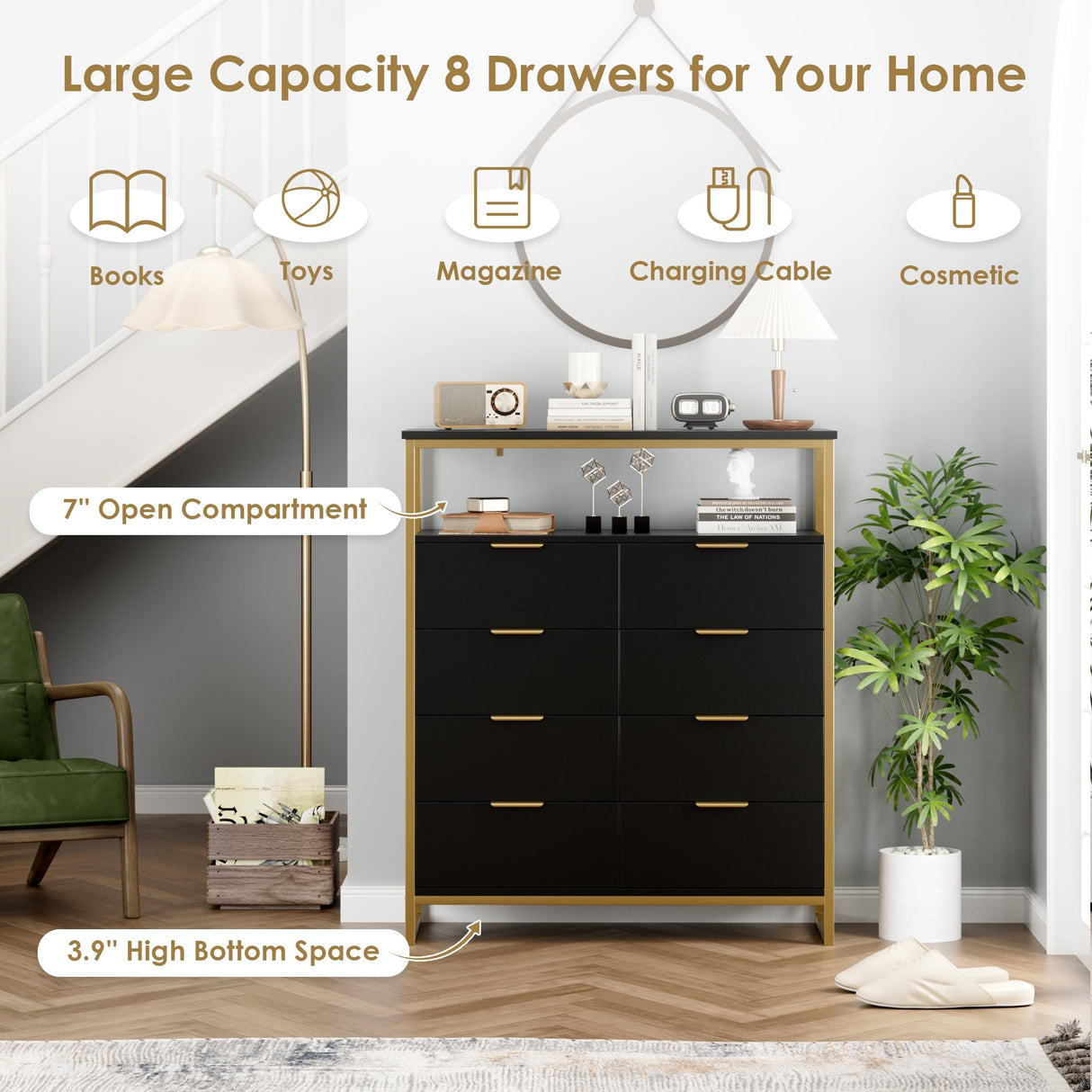 8-drawer Dresser, 45.2" Tall Dresser with Open Shelf, White Dressers & Chest of Drawers