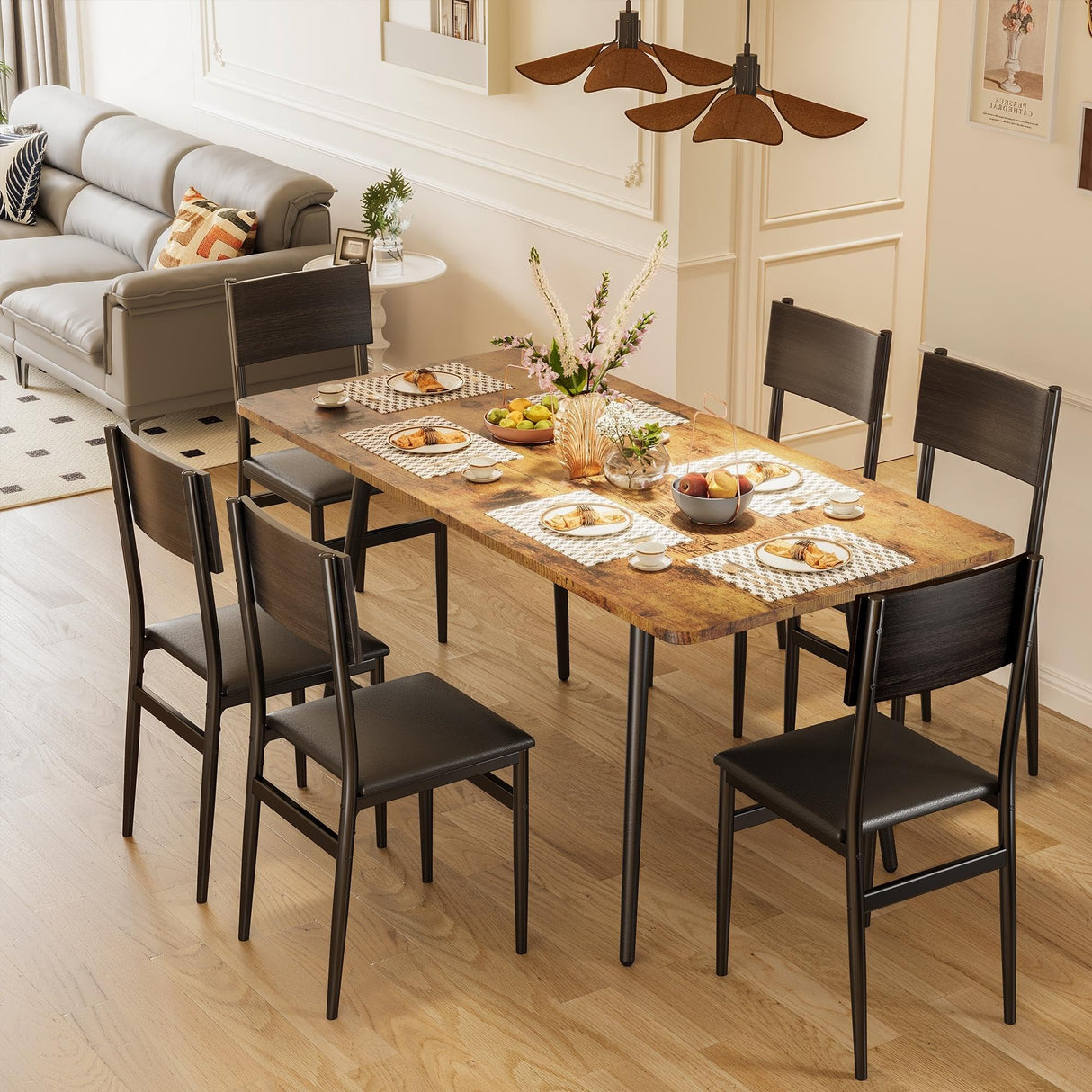 7-Piece Extendable Kitchen Table Set with 6 Upholstered Chairs