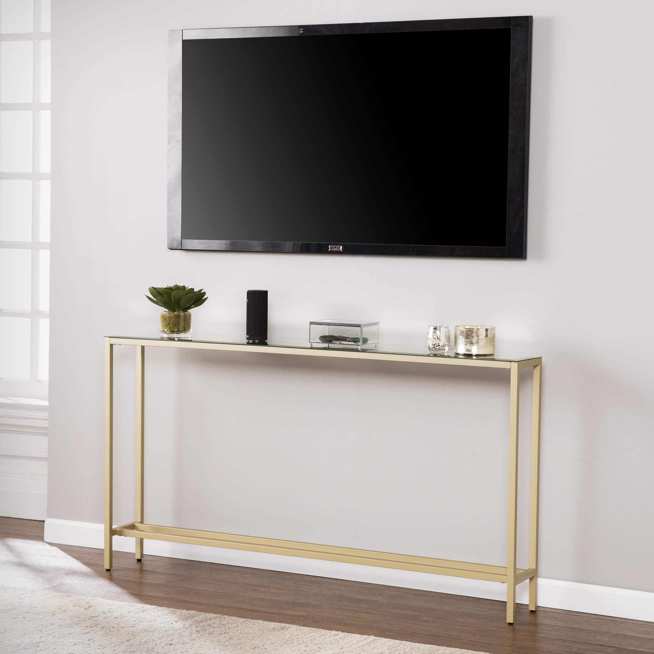 Darrin Narrow Mirrored Top Console Table, 56", Metallic Gold