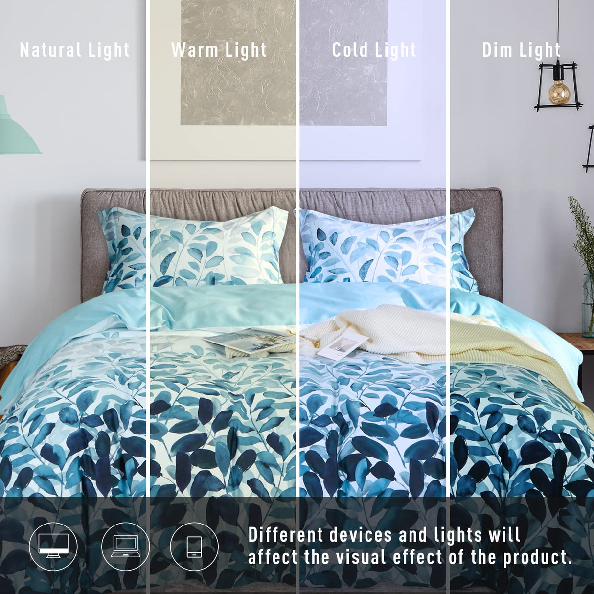 MILDLY 100% Long Staple Cotton Duvet Cover Set Gradient Blue Leaves Printed Comforter Cover Set Farmhouse Plant Comforter Cover Set