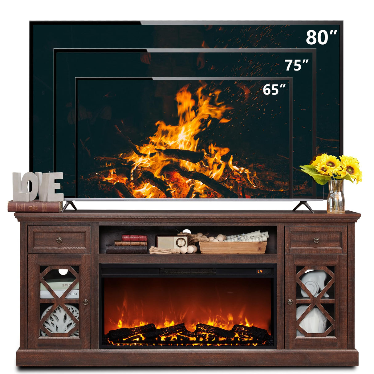 Farmhouse Fireplace TV Stand with 36" Electric Fireplace for 80 Inch TVs, 31" Tall