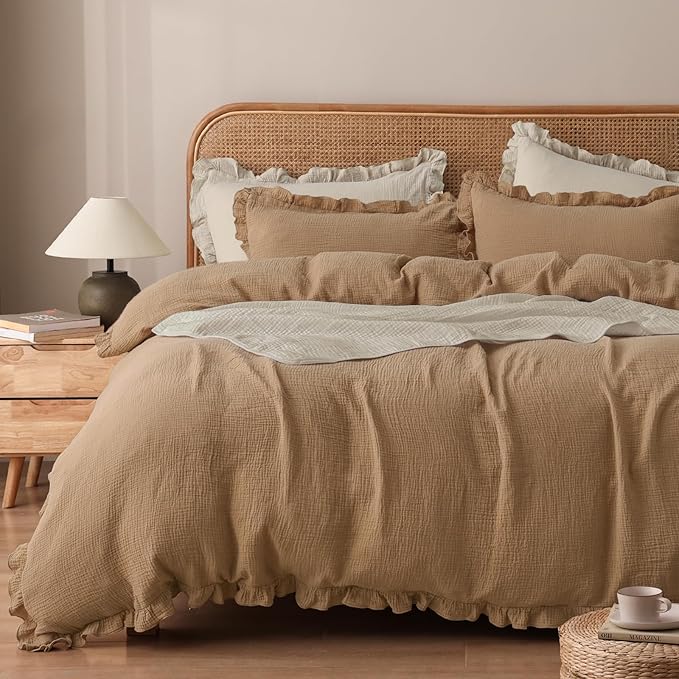 100% Natura Cotton Muslin Duvet Cover Set Queen Size, Ultra Soft Breathable Absorbent
