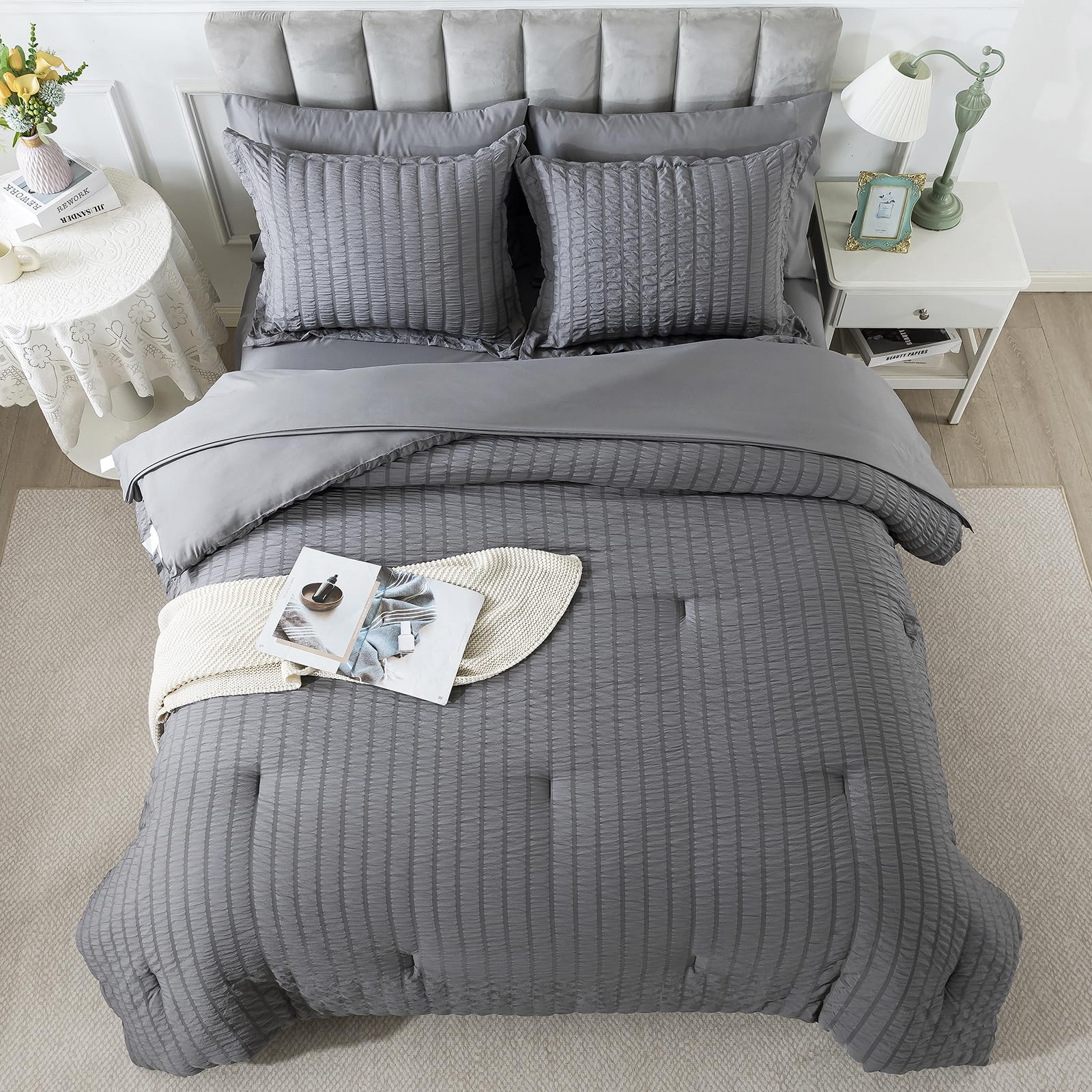Queen Size Seersucker Comforter Set - 7 Pieces Reversible Comforters Bedding Sets