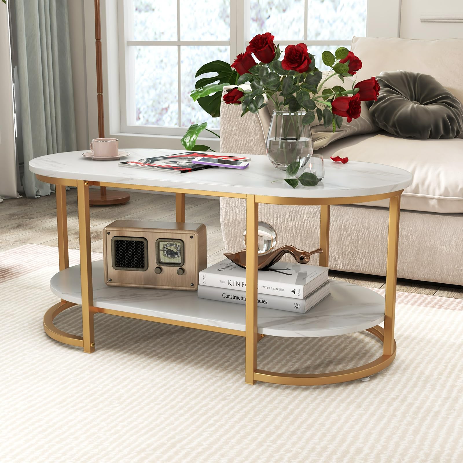 Modern Coffee Table 2 Tier, 39” Oval Coffee Table with Faux Marble