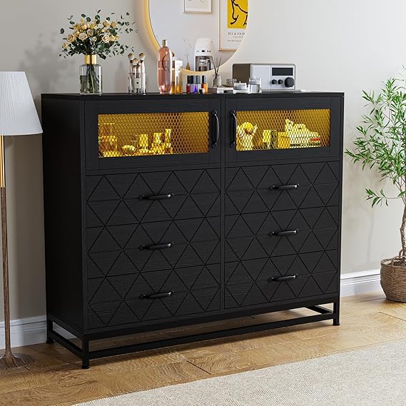 6 Drawer Dresser with 2 Doors, Dresser for Bedroom with LED Lights