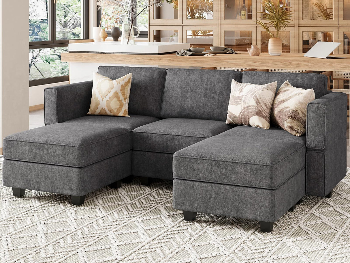 Belffin Modular Sectional Sofa Fabric U Shaped Couch Double Chaise Sectional Couch Convertible Ottoman Sofa with Storage Dark Grey