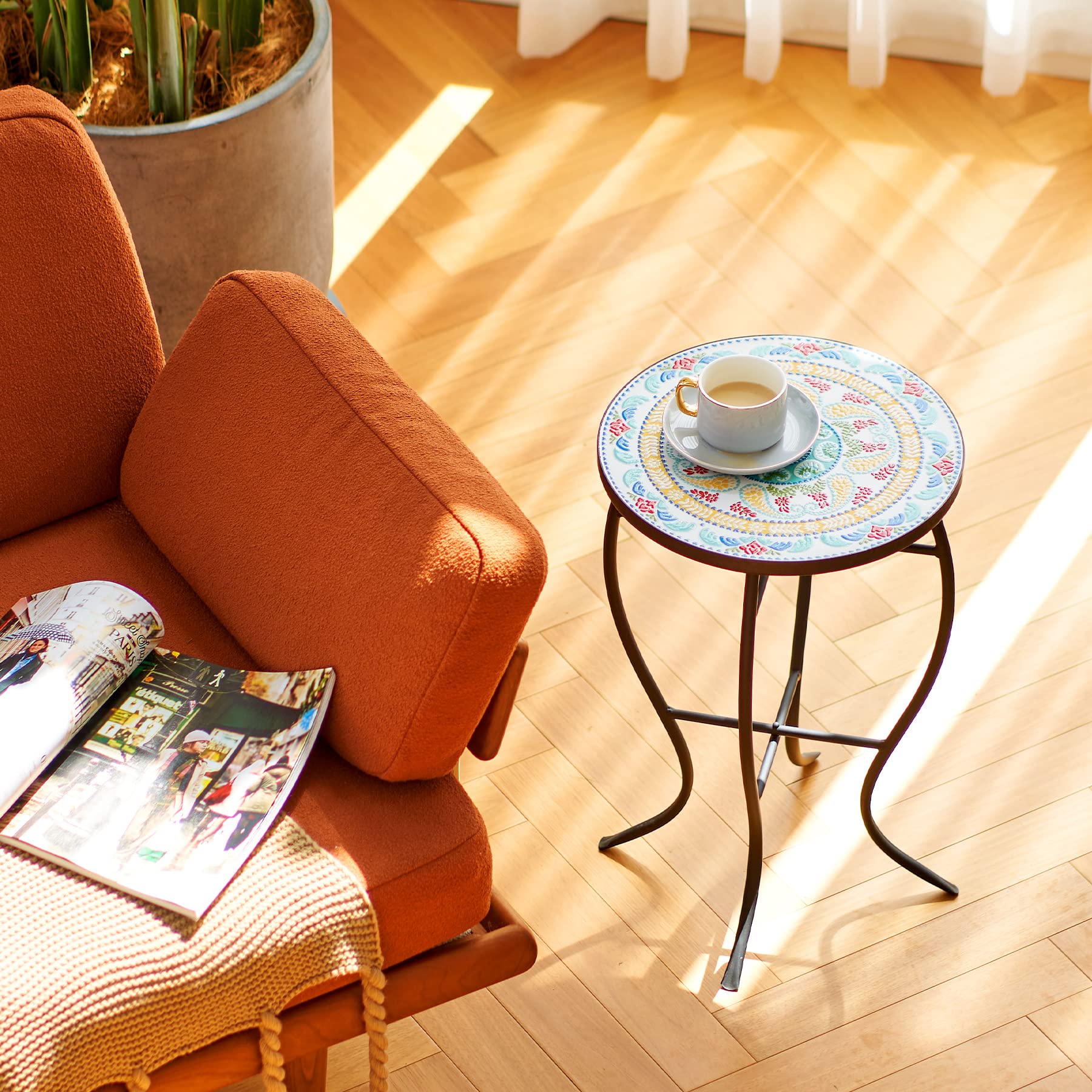 VONLUCE 21" Mosaic Plant Stand, 14 Inch Round Side Table with Ceramic Tile Top, Indoor and Outdoor Accent Table, Outdoor Patio Furniture, End Table for Garden Patio Living Room More, Floral - Bircata