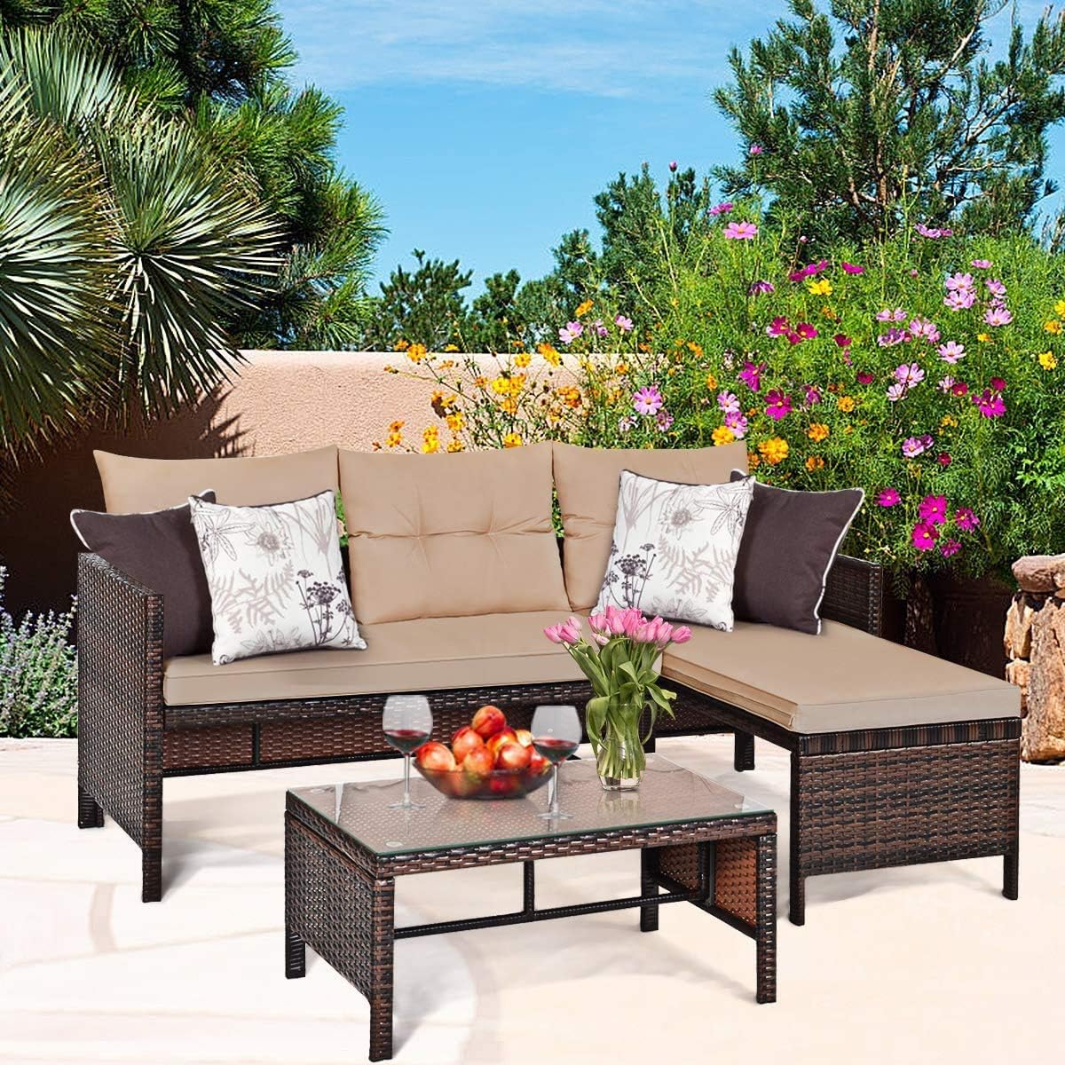 3 PCs Outdoor Patio Sofa Set, Rattan Sofa Set with Coffee Table, Lounge Chaise