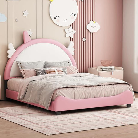 Full Kid Upholstered Day Frame Headboard, Wood Princess Low Platform Bed