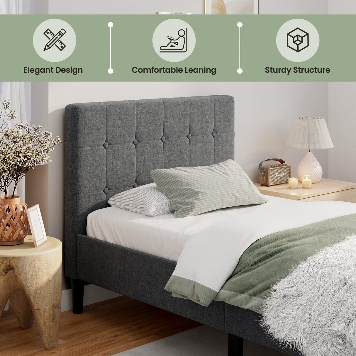 Twin Upholstered Bed Frame with Button-Tufted Headboard - Grey