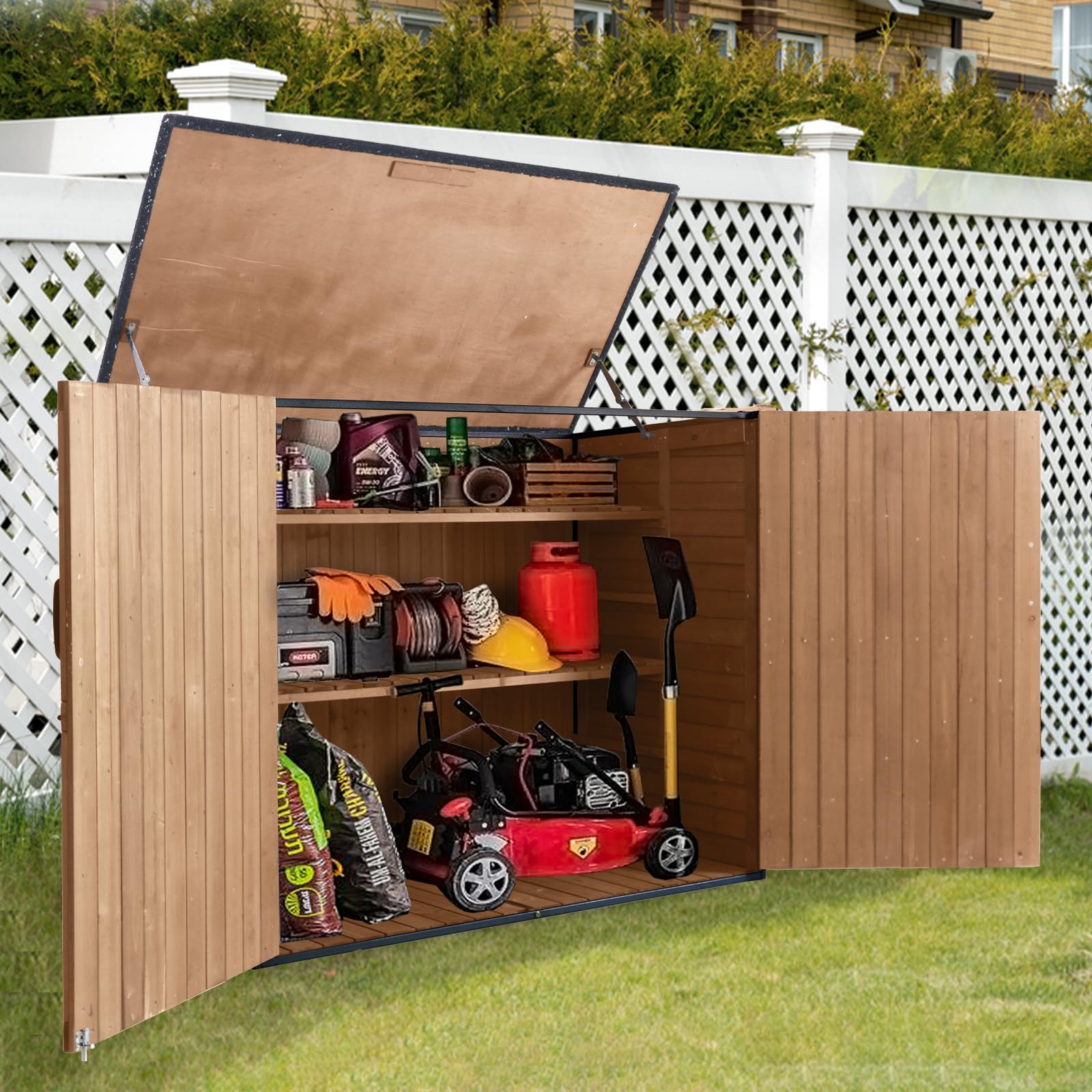 Storage Cabinet,Wooden Garden Shed with Metal Frame Structure and Adjustable Shelf