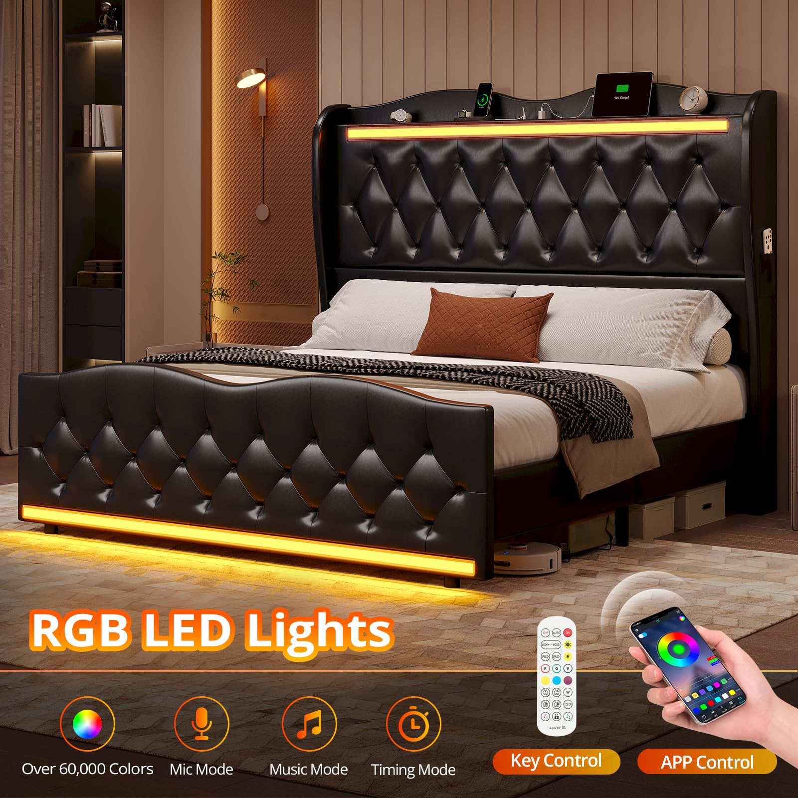 BTHFST Queen Size Bed Frame Tall Headboard with LED Lights & Charging Station, Upholstered Wing Headboard & Footboard, Heavy Duty Wooden Slats, No Box Spring Needed, Easy Assembly (Black, Queen)