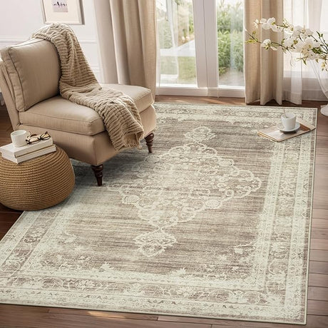 Area Rugs for Living Room Washable, Neutral Vintage Rug Large for Dining Room Bedroom Carpet Farmhouse Non Slip Low Pile Pet Friendly Area Rug 9 by 12 Indoor - Beige