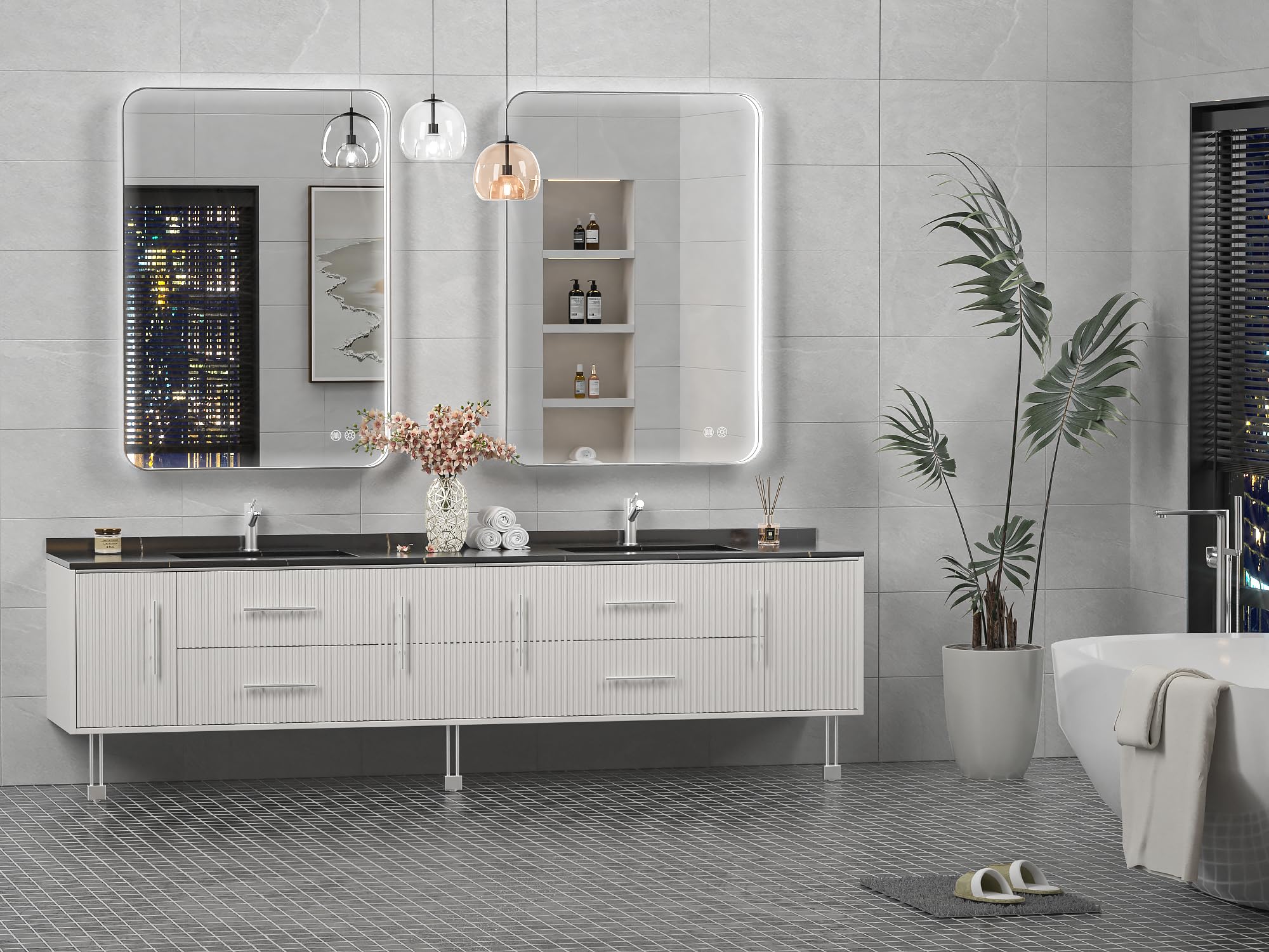 LED Bathroom Mirror with Lights, Rounded Rectangle Silver Frame Embedded