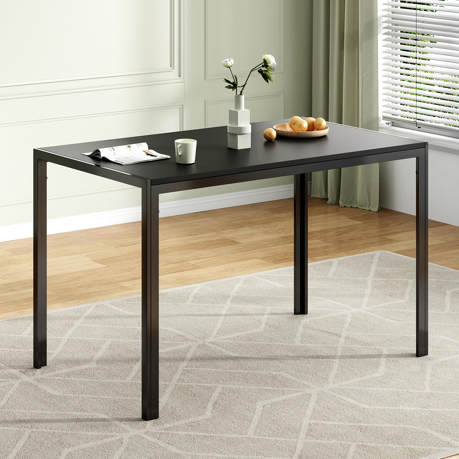 Farini Black Dining Table for 4-6 Person,47" Rectangular Wooden Dining Table Top and Metal Frame for Home Kitchen Dining Desk (47 inch,Black)