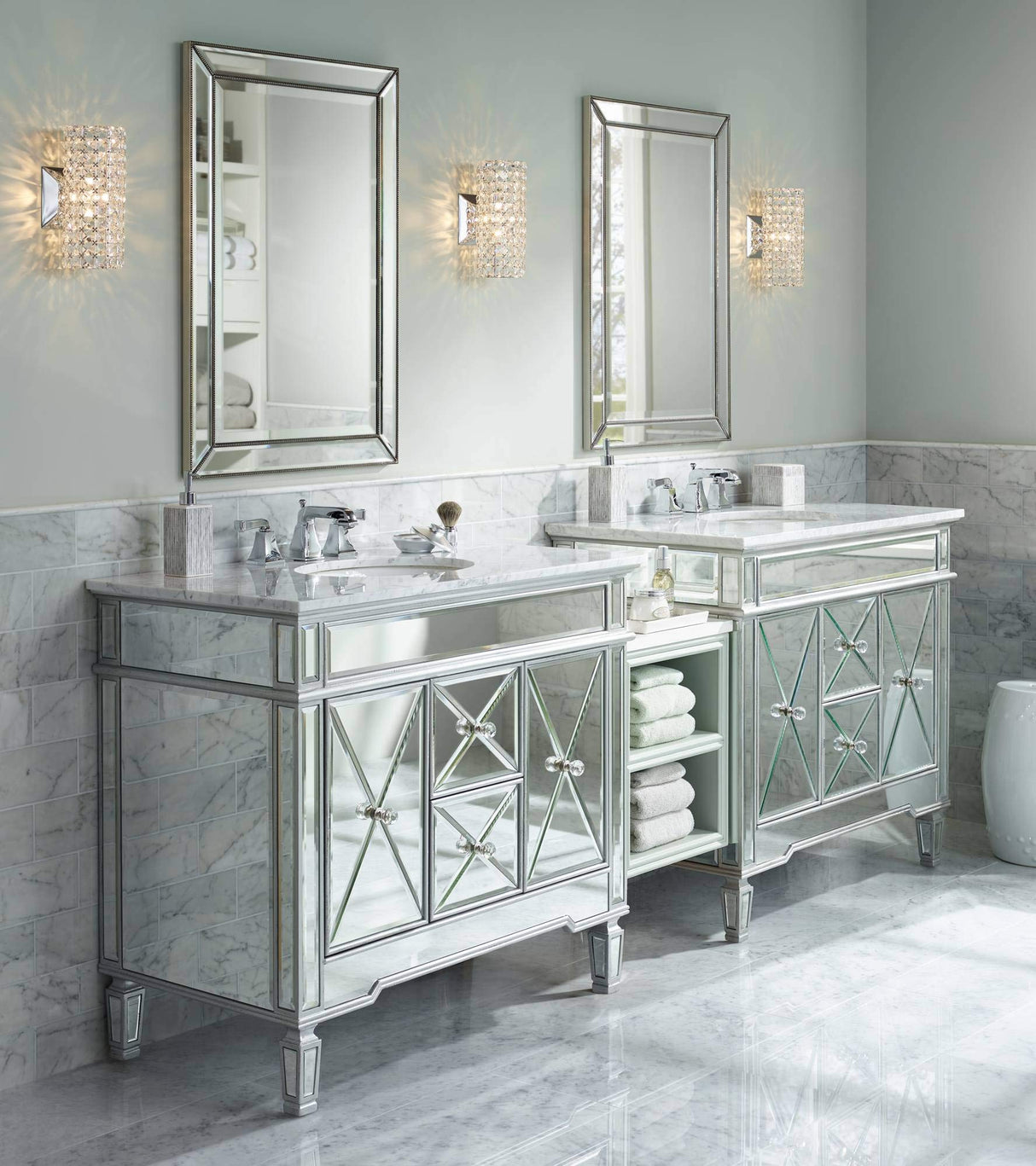 Vanity Decorative Wall Mirror Modern Doubled Beaded Border Silver