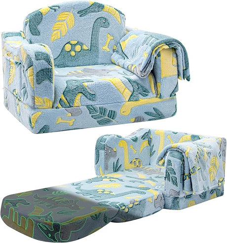 Comfy Toddler Couch and Chair for Kids with Blanket, 2-in-1 Soft Plush Fold Out Kids Sofa