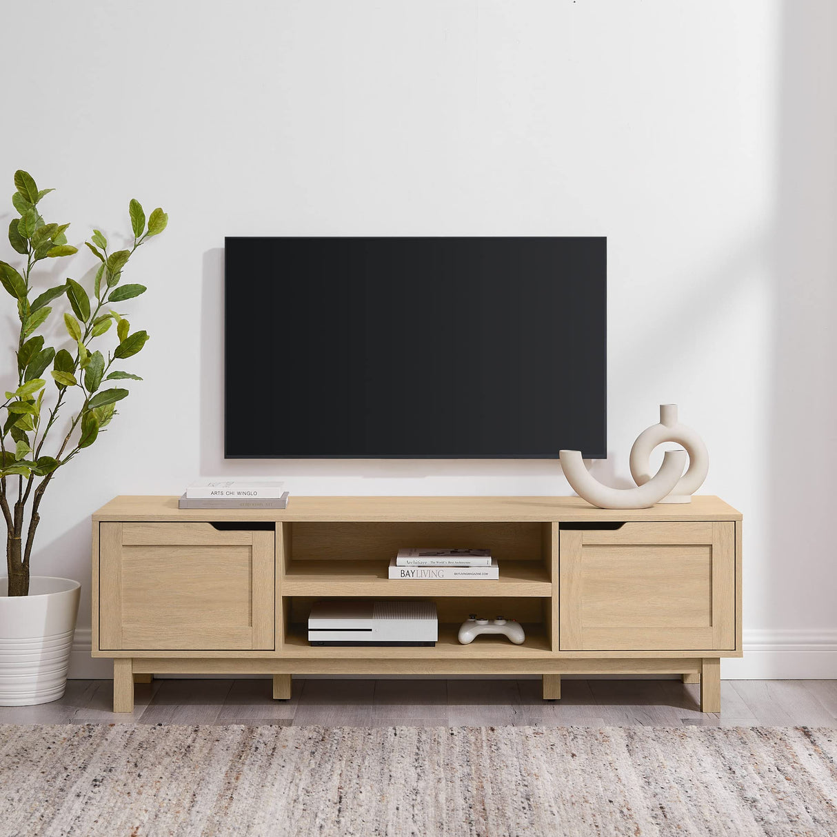 Tage Modern Pull-Open Door Low Stand for TVs up to 65 Inches, 58 Inch, Coastal Oak