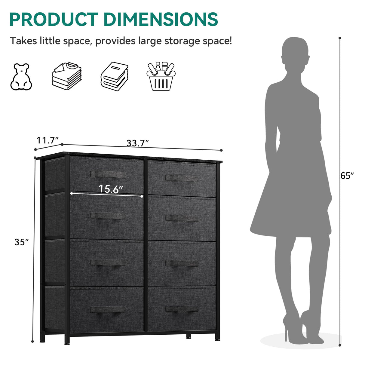 Storage Tower Unit with 8 Drawers - Fabric Dresser with Large Capacity, Organizer