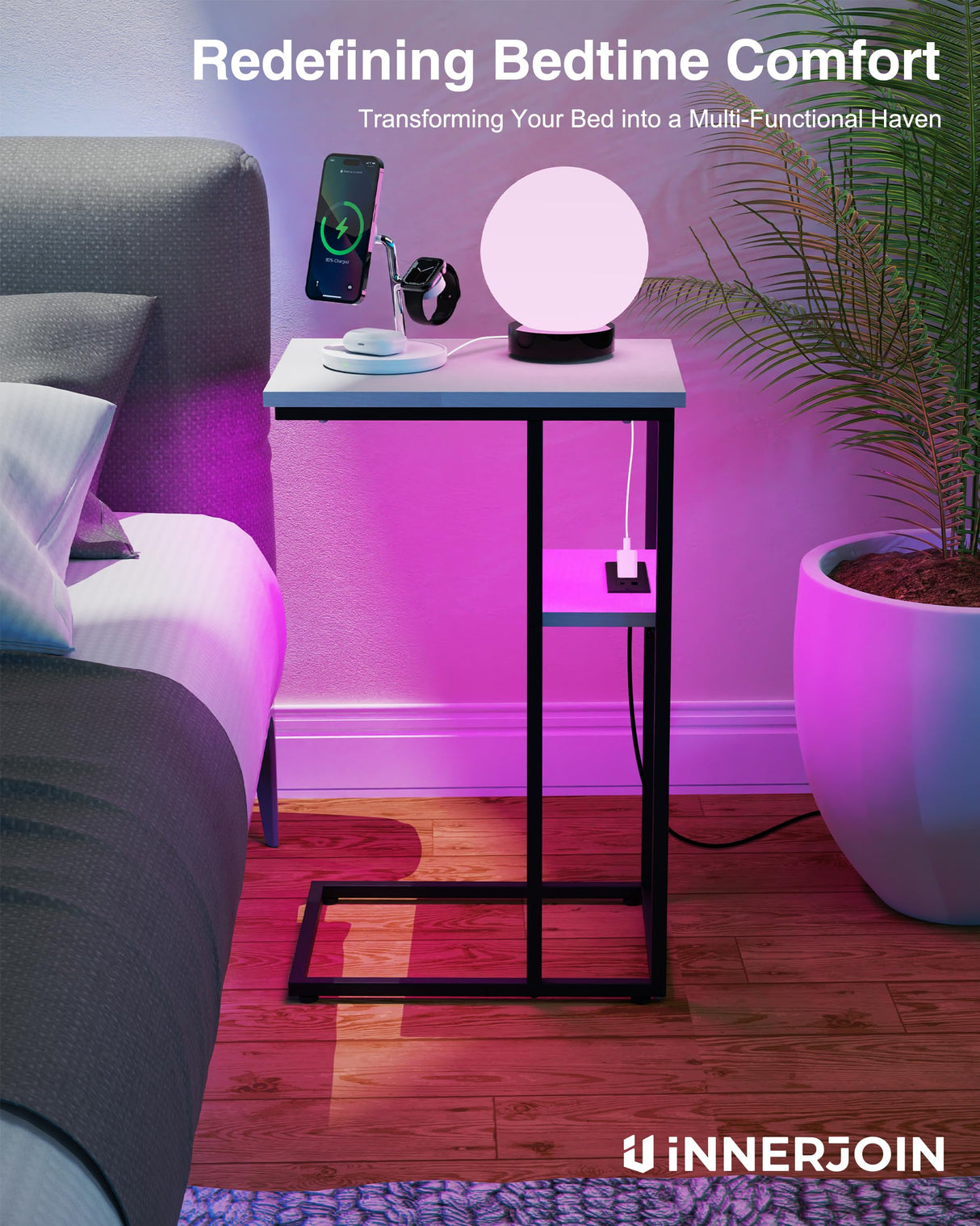 Side Table with Charging Station Set of 2, C Shaped End Table with LED Light Strip