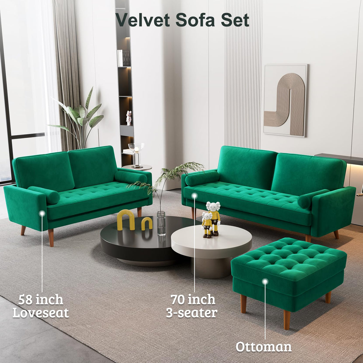 Loveseat Sofa, 70" Green Velvet Couch, Mid Century Modern Couch with Tufted Seat