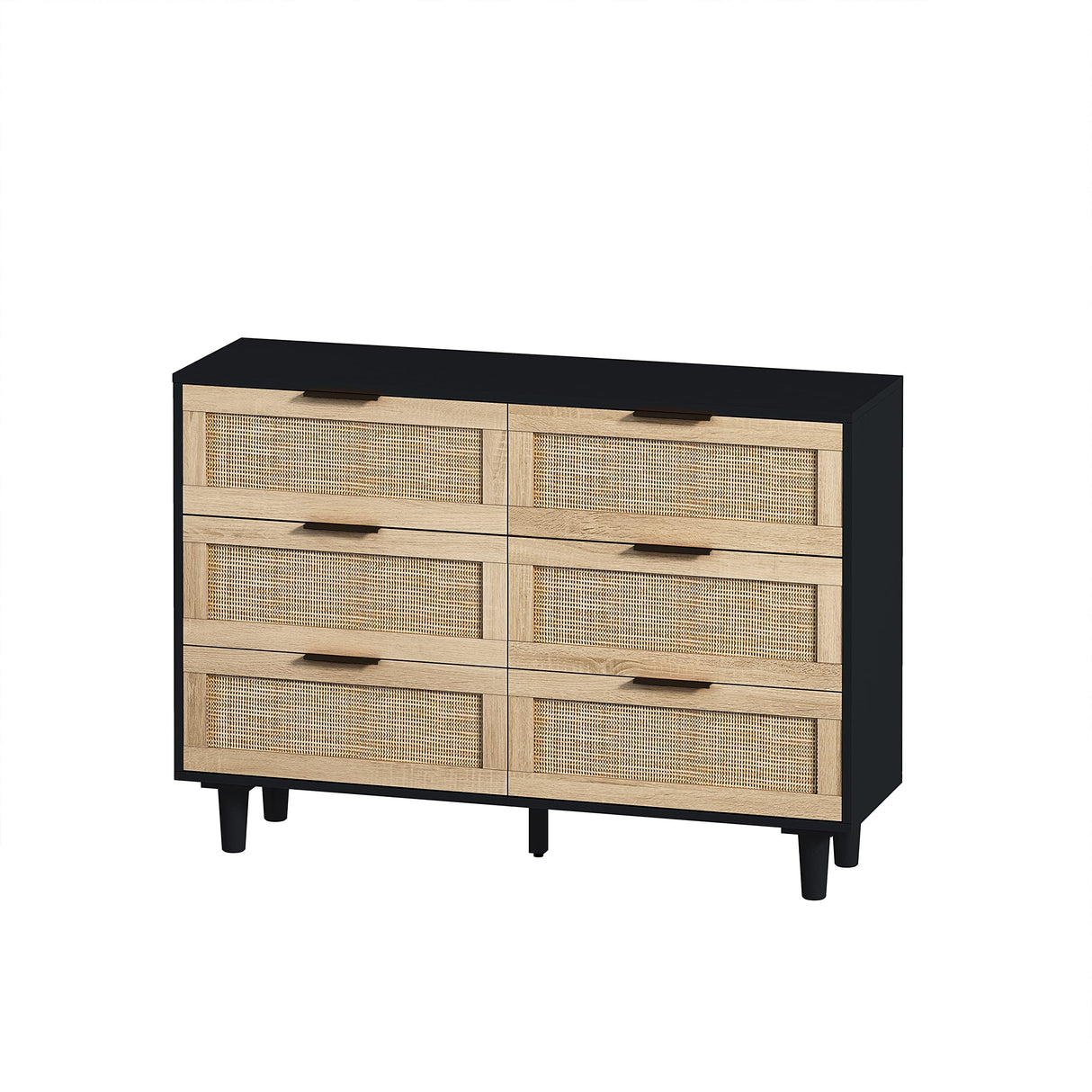 43.31 inch 6 Drawer Dresser,Modern Rattan Chest with 6 Drawers,Wood Storage Cabinet Sideboard for Bedroom, Living Room, Entryway, Hallway(Black)