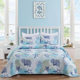 Coastal Quilt Set King Size, Blue Ocean Beach Themed Bedding Set Coral Seashell Conch
