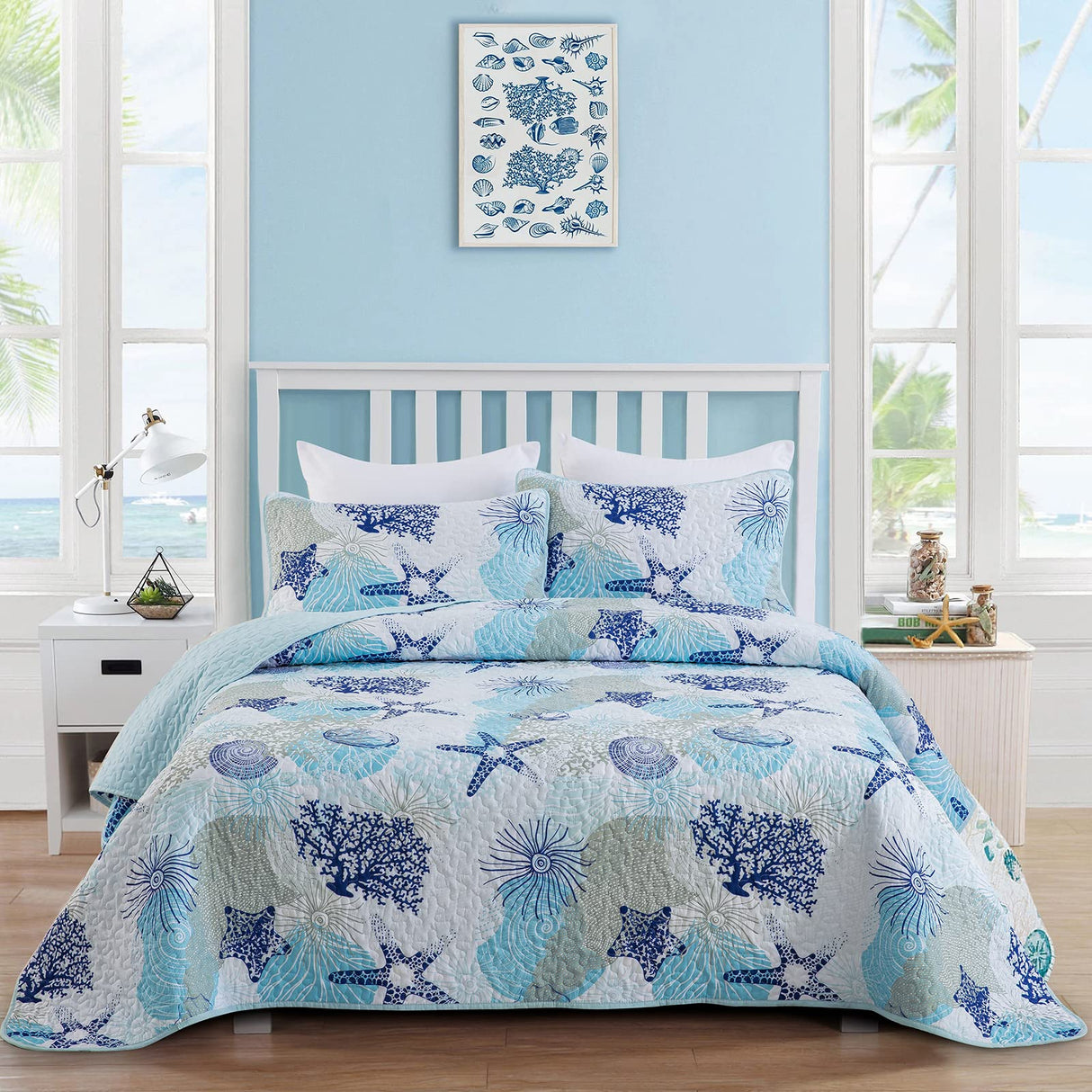 Coastal Quilt Set Queen Size, Blue Ocean Beach Themed Bedding Set Coral