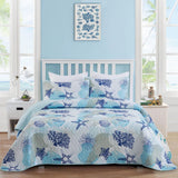 Coastal Quilt Set King Size, Blue Ocean Beach Themed Bedding Set Coral Seashell Conch