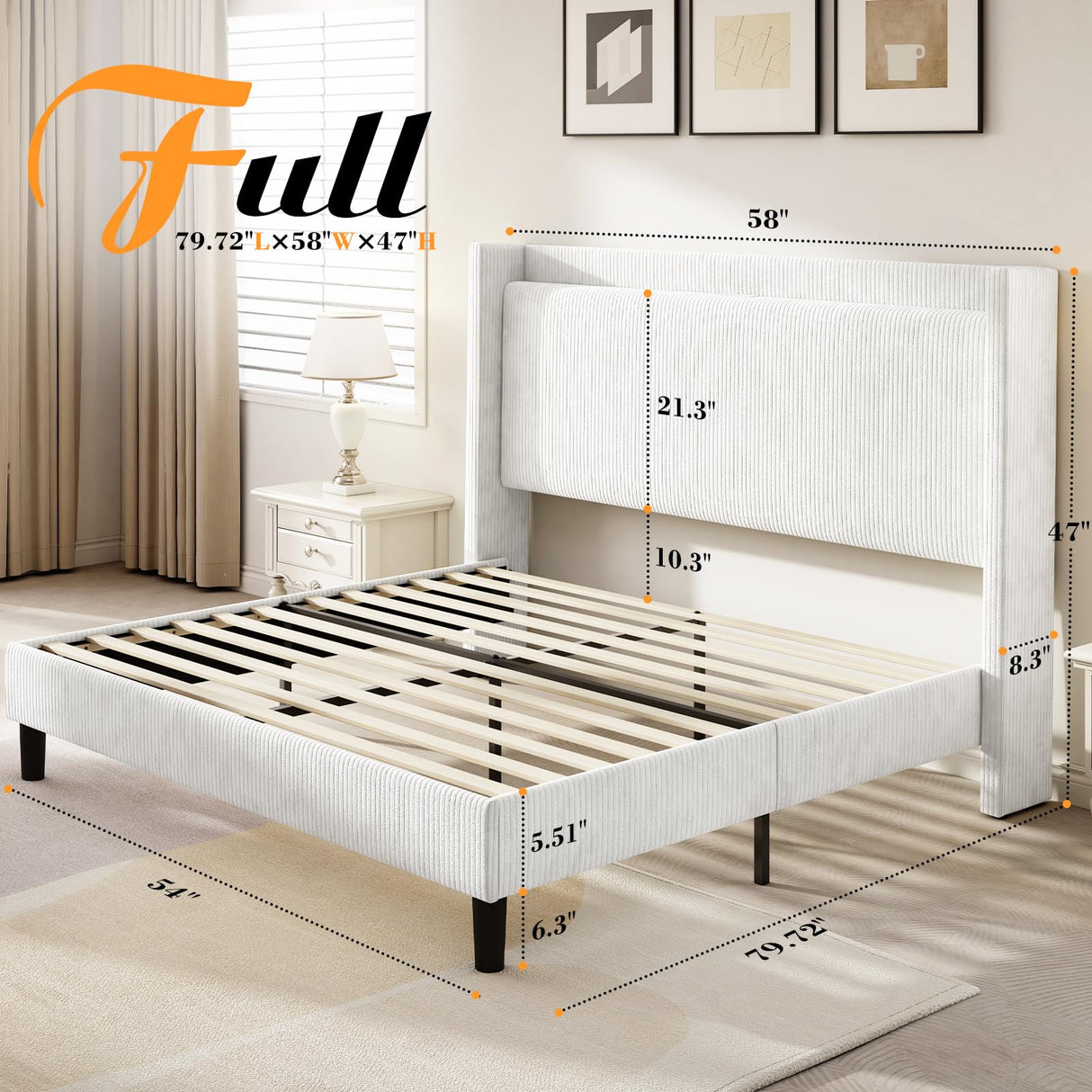 Jocisland Full Size Bed Frame Upholstered Corduroy Bed with Modern Wingback Storage Headboard and Charging Station, No Box Spring Needed, White