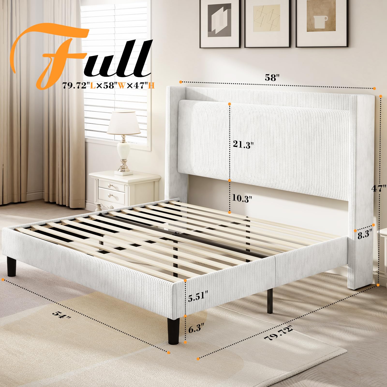 Jocisland Full Size Bed Frame Upholstered Corduroy Bed with Modern Wingback Storage Headboard and Charging Station, No Box Spring Needed, White