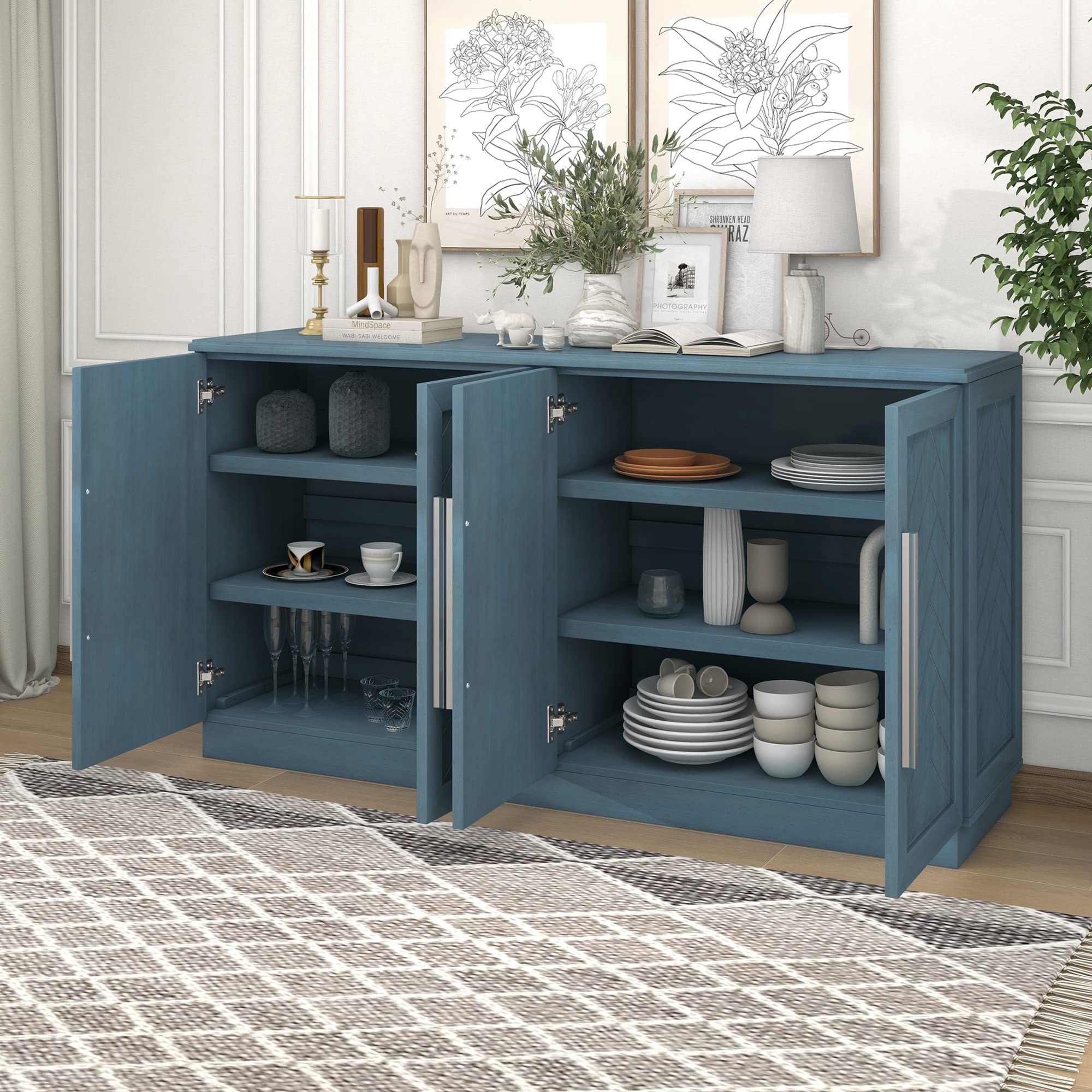 Storage Sidboard Cabinet with 4 Doors, Adjustable Shelves and Silver Handles