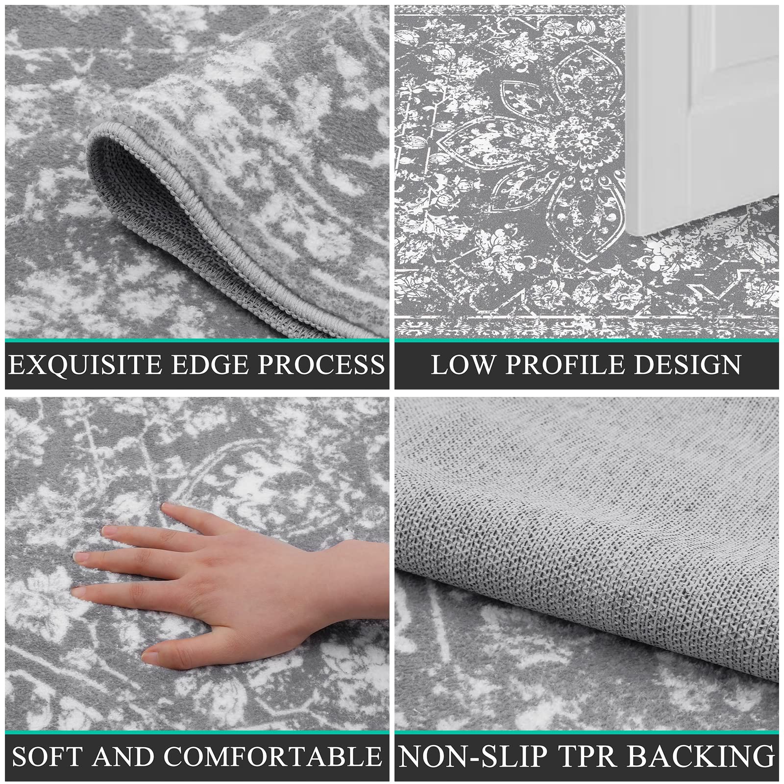 Pauwer Vintage Area Rug 4x6, Distressed Floral Faux Wool Throw Rug, Non Slip Boho Hallway Area Rug, Washable Low-Pile Carpet for Kitchen Living Room Bedroom,(4'x6', Grey)
