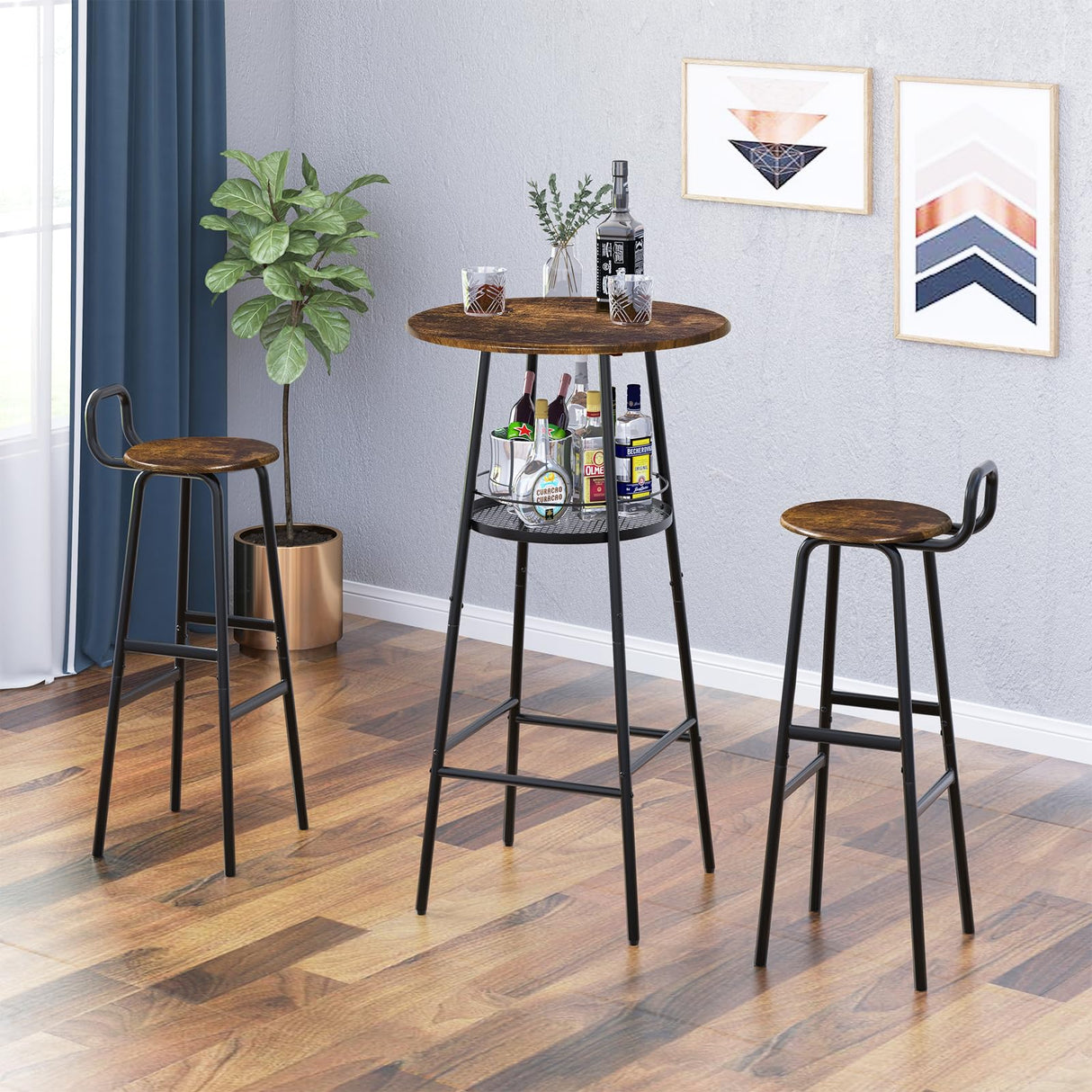 Set of 2 Barstools, Bar Chairs with Backrest and Footrest