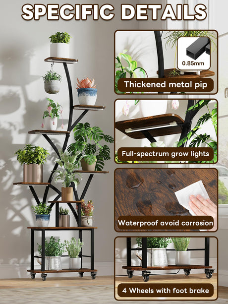 Plant Stand Indoor with Grow Lights 8 Tiered Plant Shelf with Wheels 64" Tall Plant