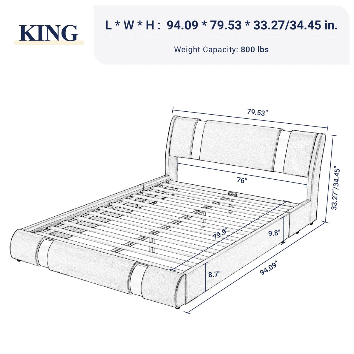 King Size Bed Frame with Iron Piece Decor, Faux Leather Upholstered Platform Bed