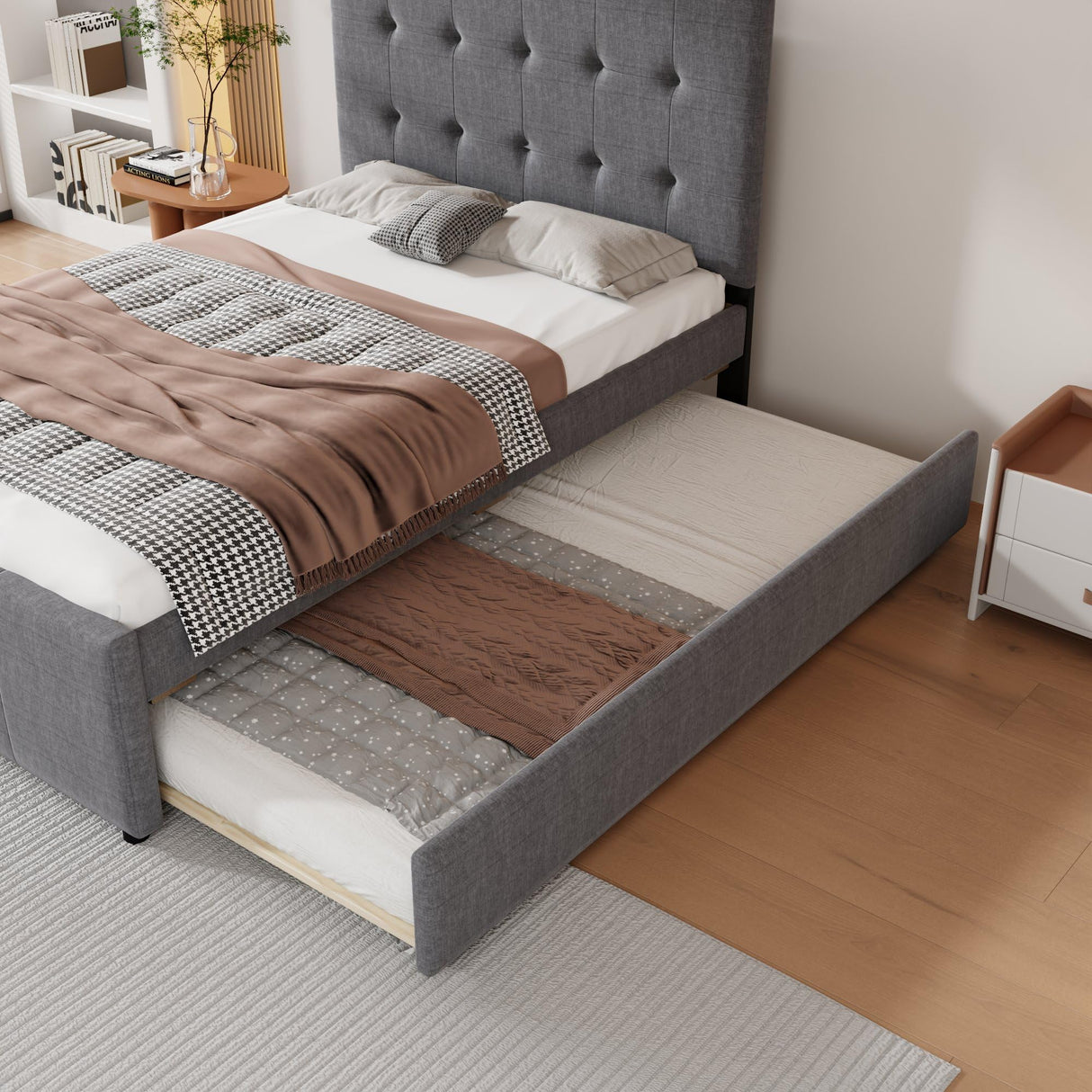 Upholstered Platform Bed, Linen Bed with Headboard and Trundle, Full, Grey