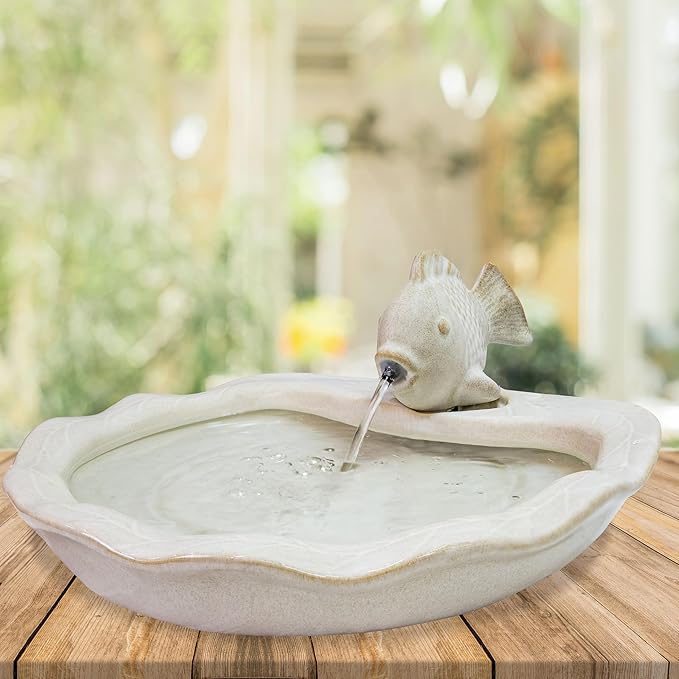 Glazed Ceramic Fish 7-Inch Outdoor Garden Fountain - Outdoor Tabletop Fountain for Patio