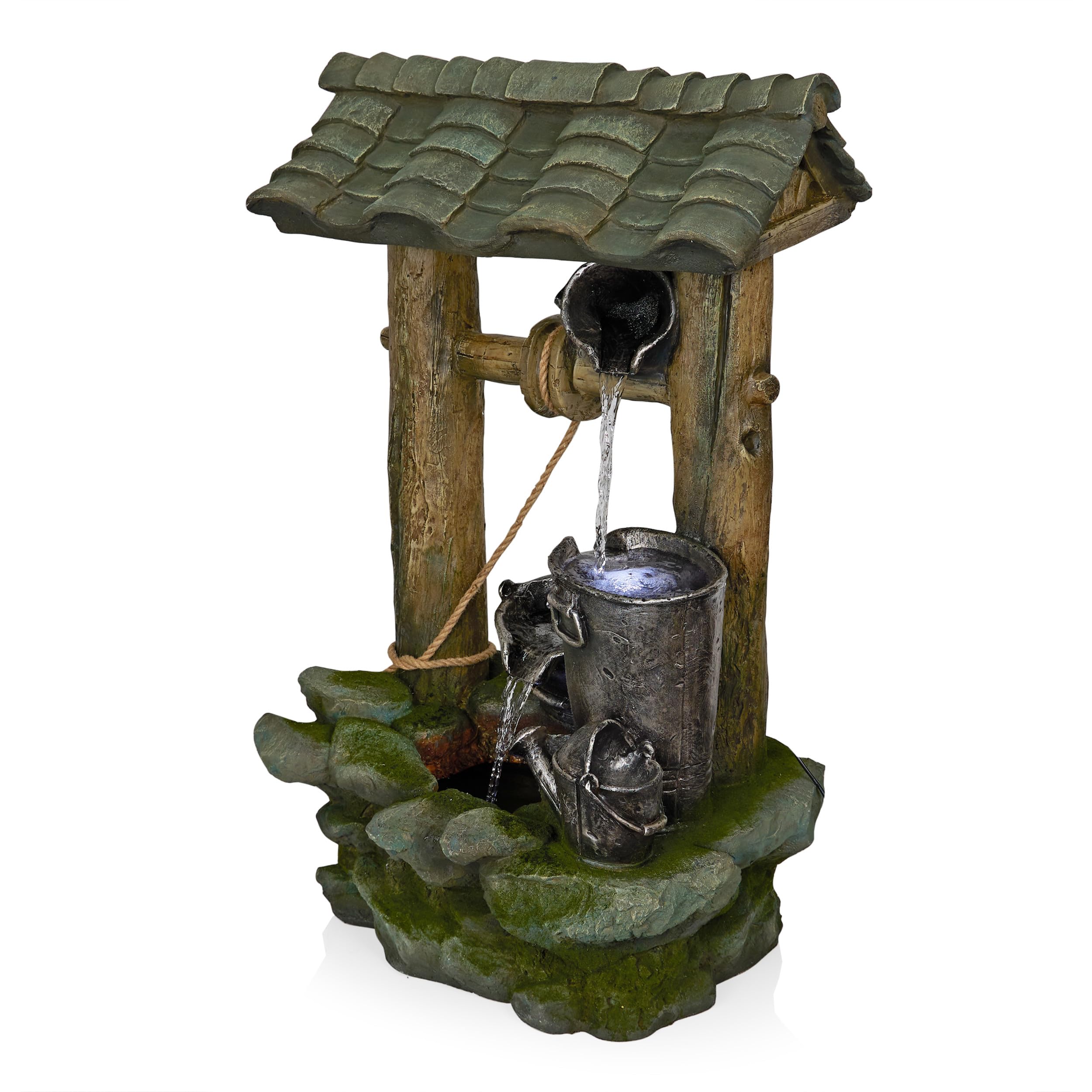 Water Well Fountain with LED Lights – Serene Outdoor Waterfall Water Feature for Garden