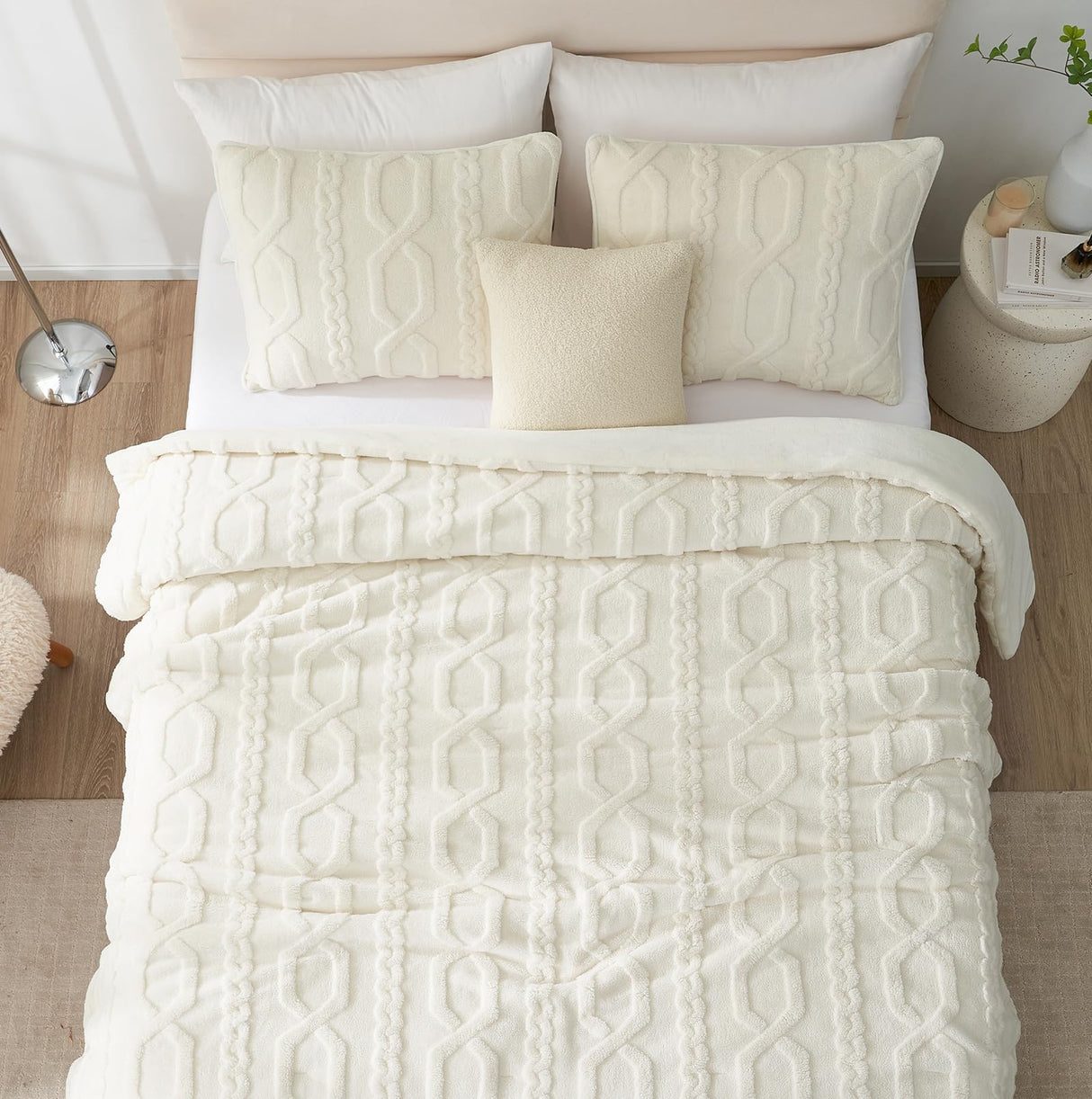 Fluffy Queen Size Comforter Set Cream, Jacquard Boho Texture Sherpa Bed Set