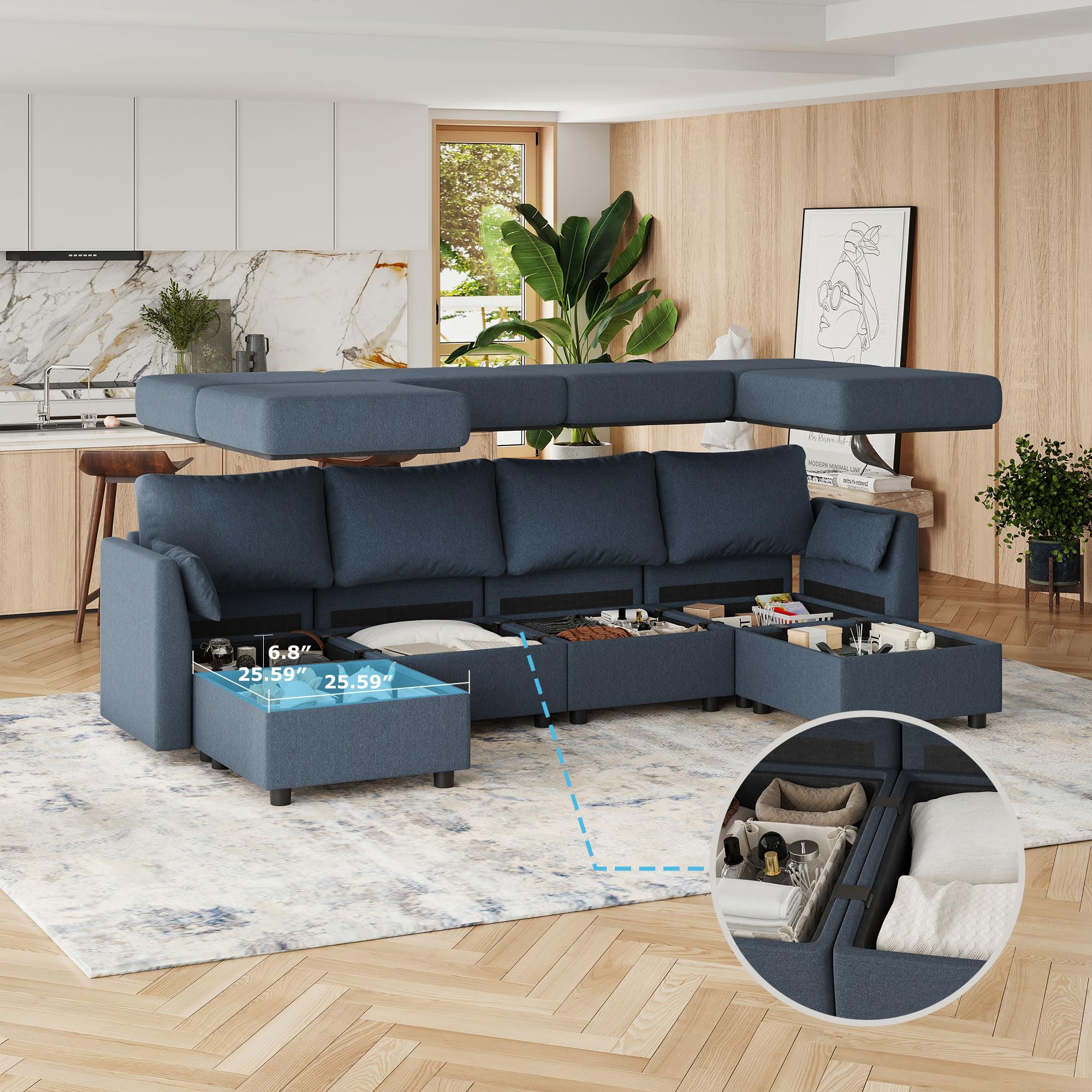 Modular Sectional Sofa, 6 Seat Modular Couch with Storage