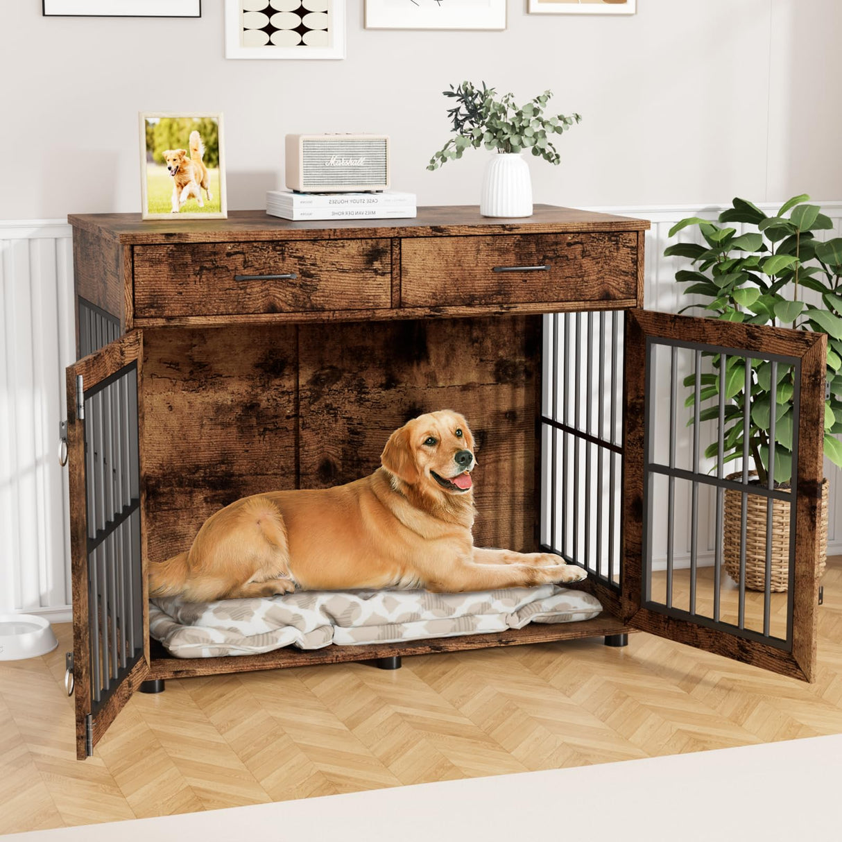 43.3" Large Wooden Dog Crate Furniture with Storage Drawers