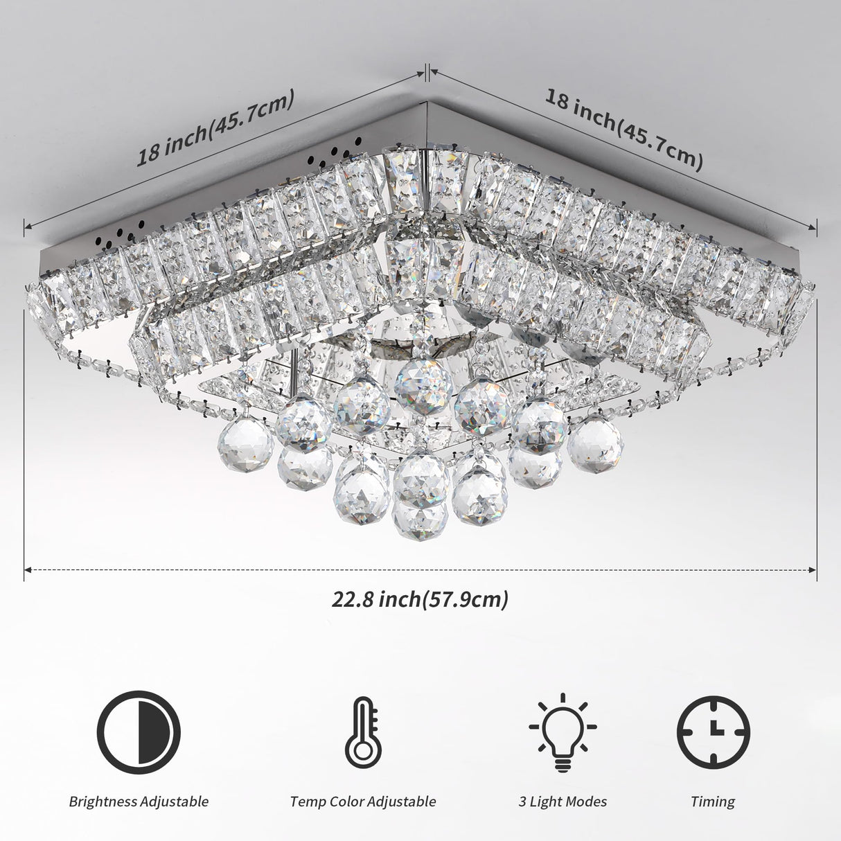 22.8" Crystal Ceiling-Light Flush Mount with Remote Control, 3 Colors Temp & Brightness