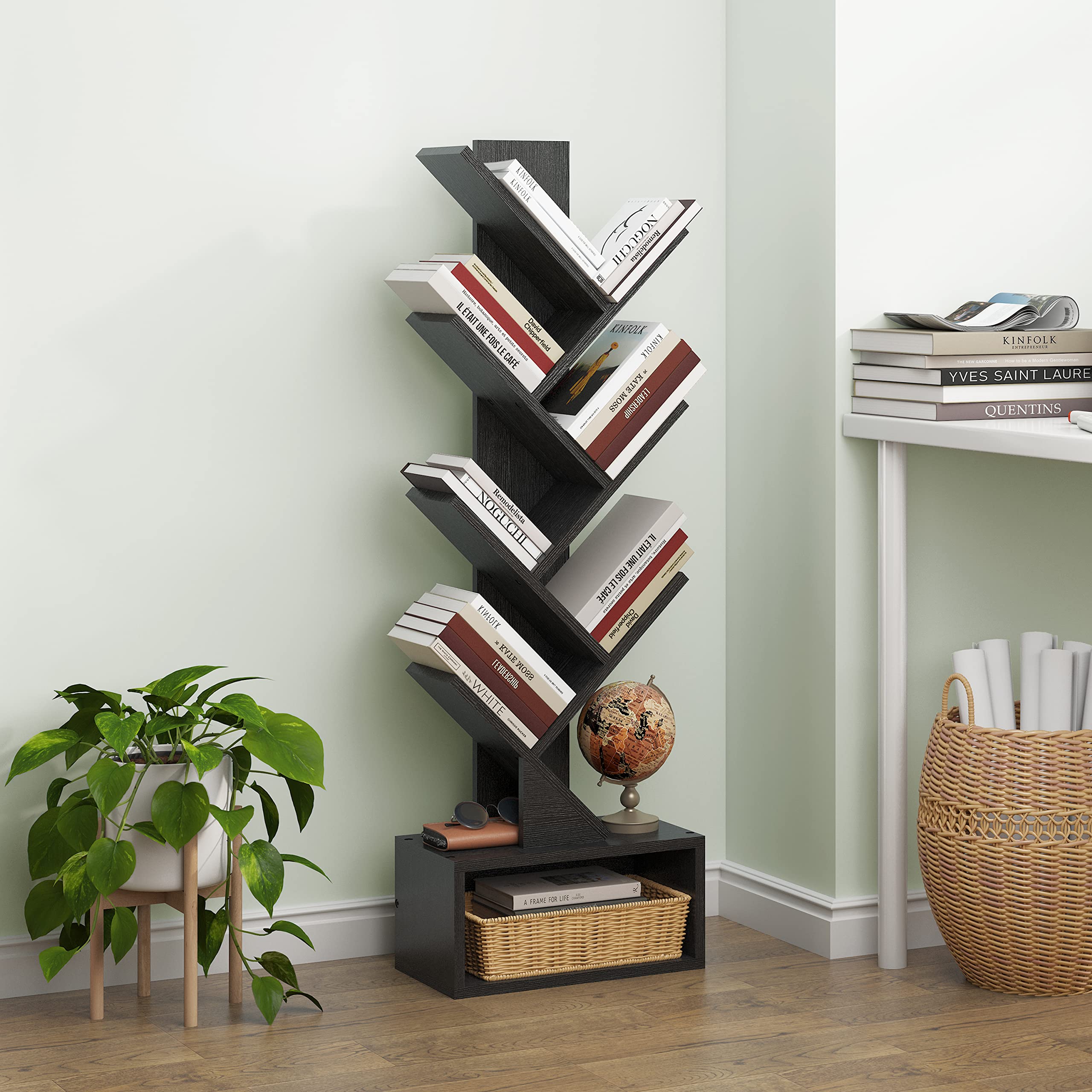 Hoctieon 6 Tier Tree Bookshelf, Tall Bookcase with Drawer, Freestanding Book Shelf, Display Floor Standing Storage Shelf, Book Organizer Shelves for Home Office, Living Room, Bedroom, Black