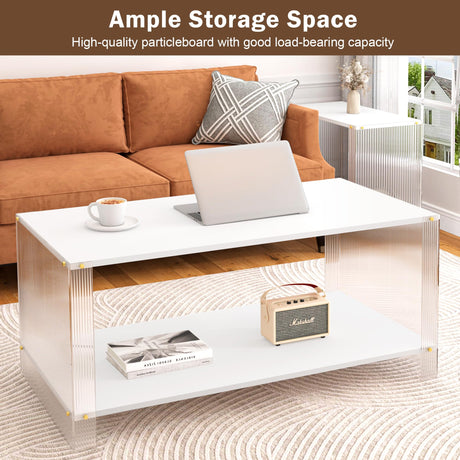 2-Tier White Coffee Table Modern, Small Wooden Coffee Table with Storage Shelf