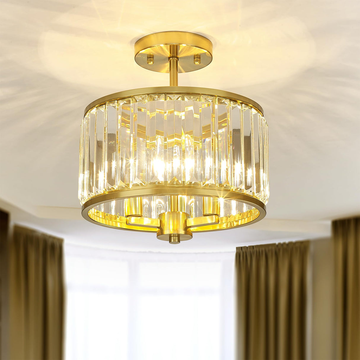 METWET Semi Flush Mount Ceiling Light Fixture, 11" Crystal Light Fixture, 3-Light Modern Lamps with Brush Gold Finish for Bathroom, Dinning Room, Hallway, Bedroom, SM821-BG