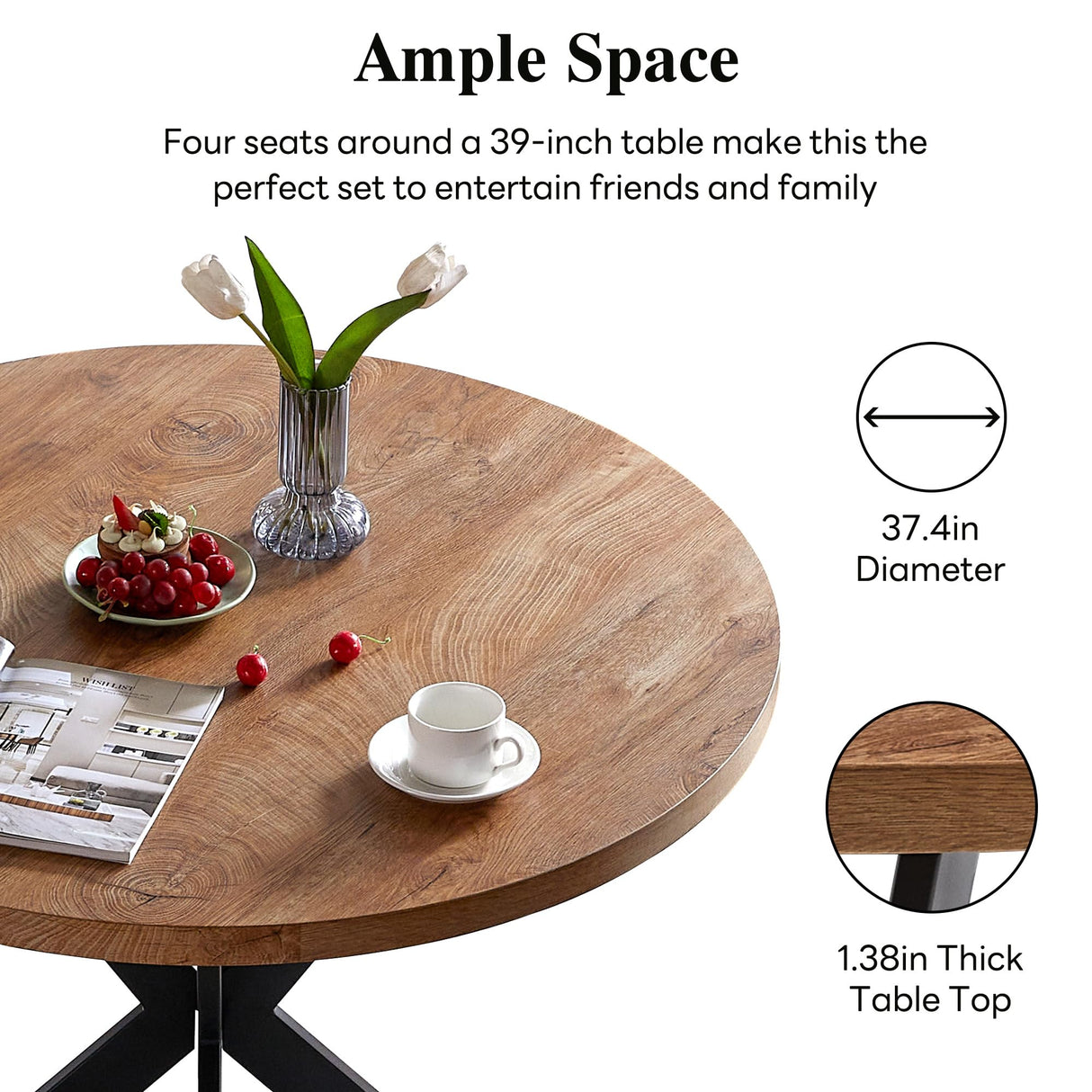 5 Pieces 37-Inch Round Dining Table and Upholstered Chairs for Four Person,