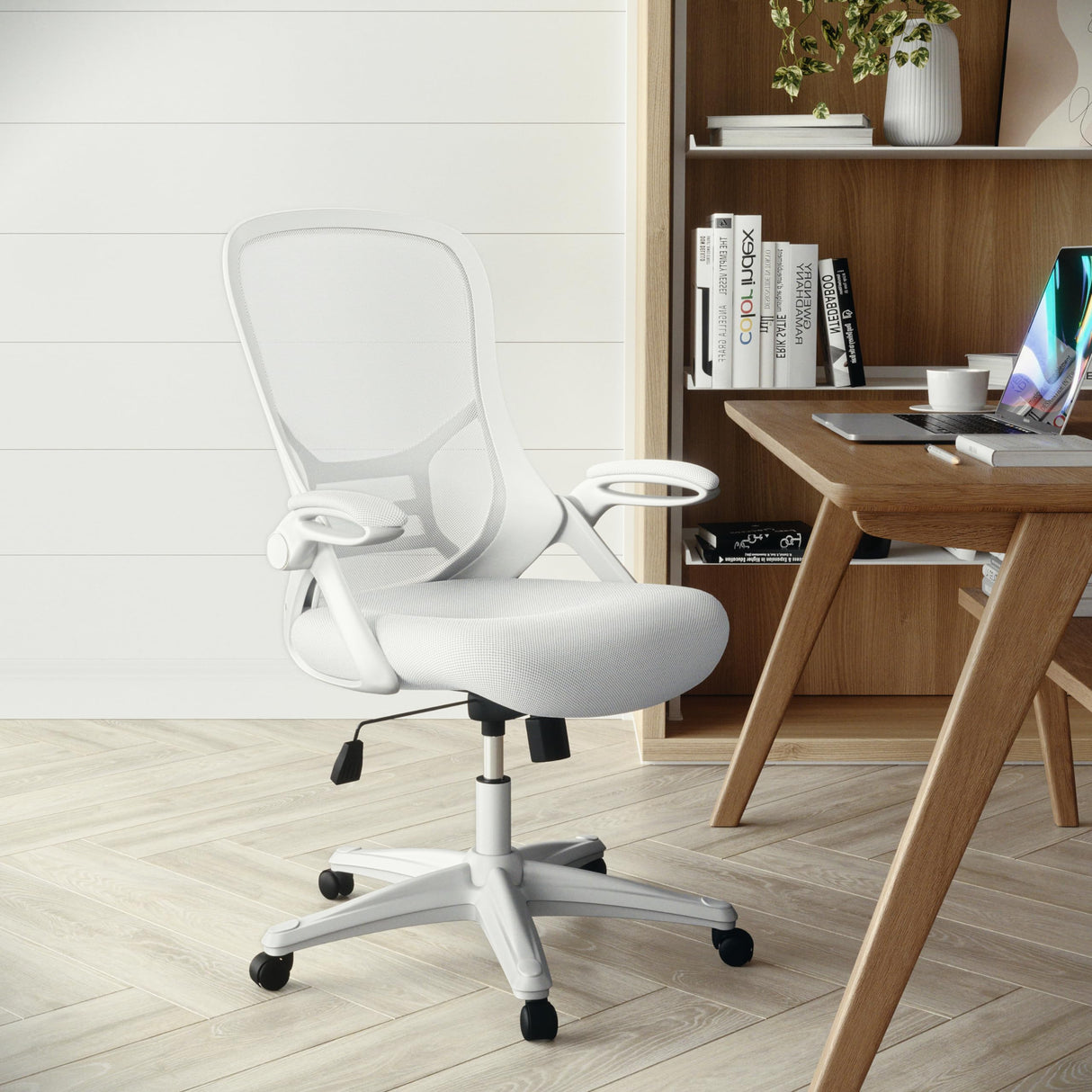 Flash Furniture Porter High-Back Swivel Office Chair with Adjustable Lumbar Support and Height, Ergonomic Mesh Desk Chair with Flip-Up Armrests, White